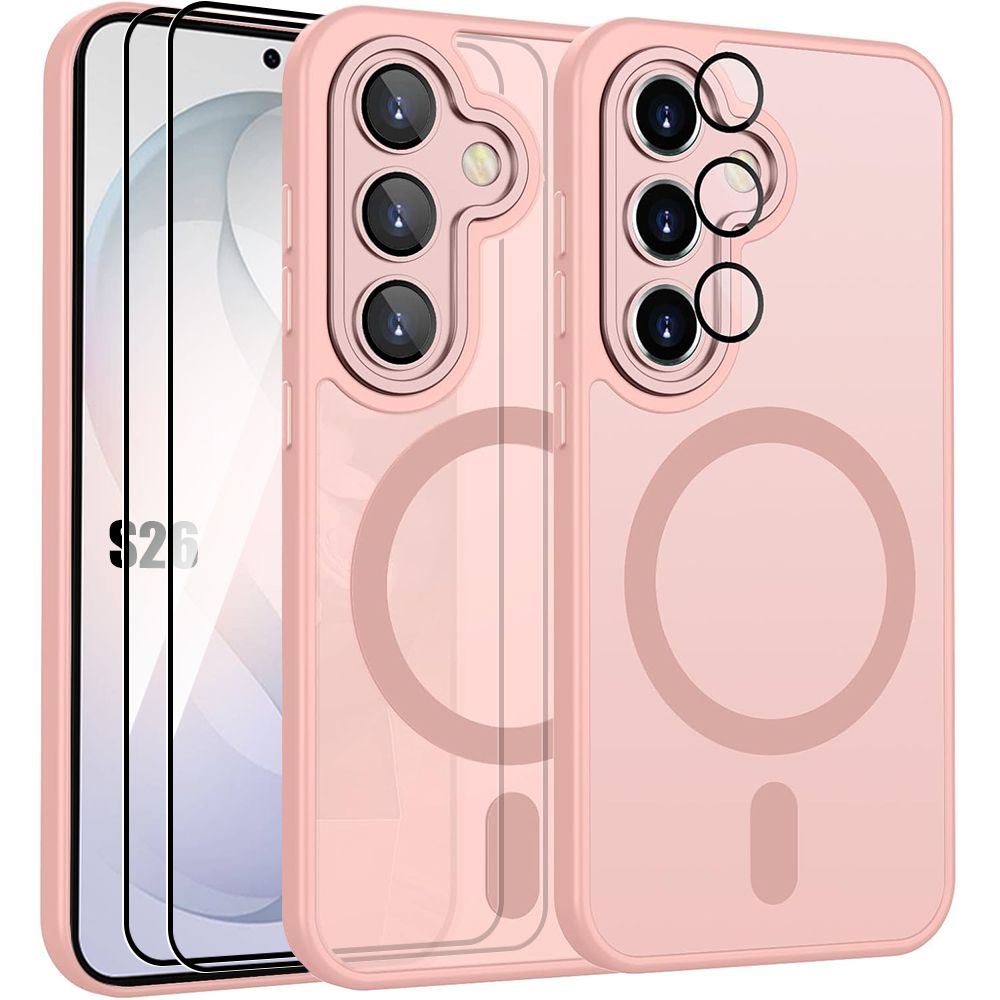 Capa + 2 Protetores de Ecrã para Samsung Galaxy S26, Proteção com Círculo Magnético e Vidro de Câmara - Rosa