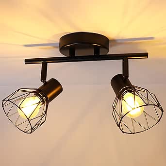 Foco de Teto Industrial, 2 Focos LED Orientáveis E14, Candeeiro de Teto 40W, Barra de Focos, Aplique de Parede, Cozinha, Quarto, Sala, Preto