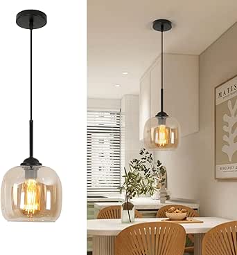 Suspensão Luminária Retro, Candeeiro de Teto em Vidro Âmbar, (Lâmpada não incluída) [Classe de eficiência energética E]