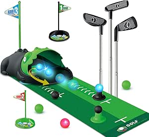 Conjunto de Golfe para Crianças com Retorno Automático de Dinossauro, Bolas de Golfe Noturnas Luminosas de LED, 3 tacos, 3 a 8 anos