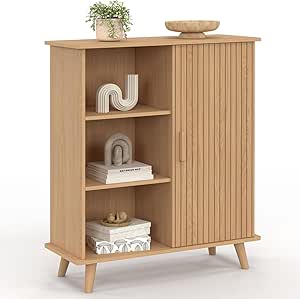 IDMarket - Aparador de apoio 3 prateleiras e Armário 70 cm Juliette Efeito Ripas de madeira
