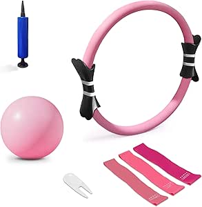 Conjunto de anéis de Pilates Magic Circle de 35,6 cm com minibola, faixas de resistência, instruções e bolsa - Kit completo