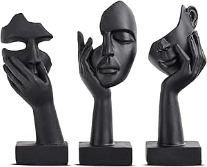 Conjunto de 3 Estátuas Pretas para Decoração de Interiores - Rosto de Mulher - Estátua Colecionável