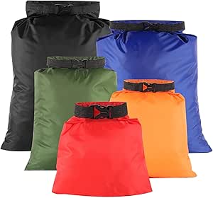 Lanjue Pack de 5 Sacos Estanques 1,5-6 L, Multicor | Leve, Revestimento PU Impermeável, Fecho de Enrolar, 5 Tamanhos para Campismo e Caminhada