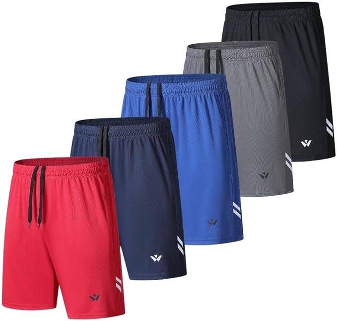 Pacote de 5 calções desportivos masculinos com bolsos e cintura elástica, secagem rápida, calções de corridaPacote de 5 calções desportivos masculinos com bolsos e cintura elástica, secagem rápida, calções de corrida