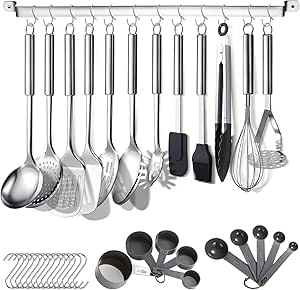 Berglander Conjunto de Utensílios de Cozinha 38 Peças, Aço Inoxidável, Utensílios de Cozinha com Suporte para Utensílios e Ganchos para Pendurar, Próprio para Máquina de Lavar Louça