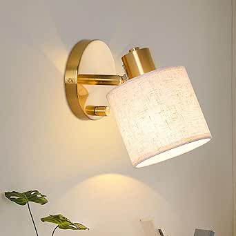 Lightess Dourado Candeeiro de Parede para Quarto com Interruptor Regulável Linho E27