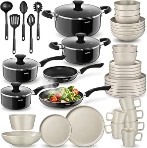 tectake® Conjunto de cozinha 45 peças, Serviço de mesa para 6 pessoas e Bateria de cozinha, Frigideiras, Tachinhos, Pratos rasos, Pratos fundos, Tigelas, Chávenas, Concha, Espátula, Louça de grés