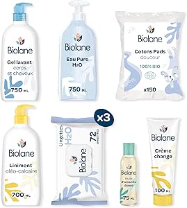 BIOLANE - Kit Primeiros Dias Bebé - Conjunto de Cuidados - Desde o nascimento - 216 Toalhitas de água, Água pura, Creme Muda Fralda, Gel Lavante