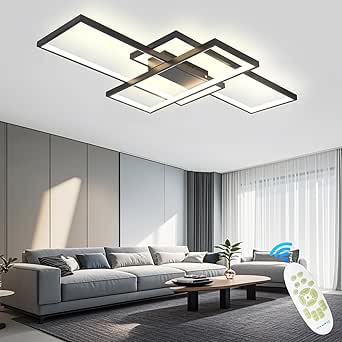 Candelabro Moderno, Candeeiro de Teto LED Retangular para Sala de Estar, Regulável em Metal Acrílico, Candeeiro de Teto de Design para Sala de Estar com Controlo Remoto, Preto, 80 * 45 cm/65 W