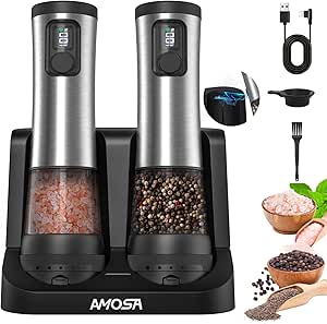 AMOSA Moinho de Pimenta Elétrico, Ecrã de Bateria e Base Recarregável