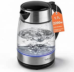 YASHE Jarro Elétrico de Vidro 1,7L 2200W Fervura Rápida | LED Azul, Filtro Anticalcário, Base 360°, Desligamento Automático, Proteção Contra Fervura a Seco