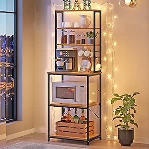 VASAGLE Estante de Cozinha, Prateleira para Máquina de Café, 6 Prateleiras e 6 Ganchos, para Forno Micro-ondas, Estrutura de Aço, Estilo Industrial, 40 x 60 x 167 cm, Castanho Rústico e Preto KKS024B01