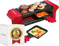Bestron Raclette, Mini Grelhador para 1 a 2 pessoas, com 2 frigideiras e 2 espátulas, com revestimento antiaderente, 350 Watts, cor: Vermelho/Preto