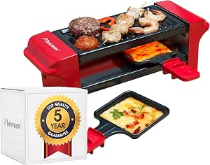 Bestron Raclette, Mini Grelhador para 1 a 2 pessoas, com 2 frigideiras e 2 espátulas, com revestimento antiaderente, 350 Watts, cor: Vermelho/Preto