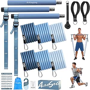 ALongSong Elásticos de Musculação em Casa - Kit Barra de Pilates para Homem e Mulher com 6 Bandas de Resistência Elástica 20-180Lbs e Ancoragem de Porta