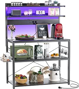 iSunirm Prateleira de Cozinha com Tomada Múltipla, Prateleira para Máquina de Café, Móvel de Arrumação de 4 Níveis, Suporte para Micro-ondas com Ganchos em S, 40 x 80 x 147 cm, Preto