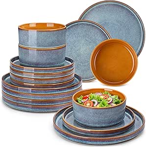 vancasso ONION Serviço de Loiça de 24 Peças para 8 Pessoas - 8 Pratos Rasos, 8 Pratos de Sobremesa e 8 Tigelas - Adequado para Micro-ondas, Vidrado Azul-acinzentado