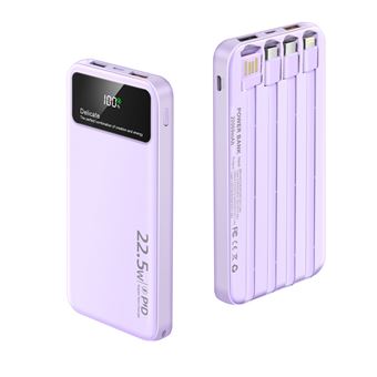 Bateria Externa 20000mAh-4 Cabos Integrados-6 Saídas e 3 Entradas-para Ecrã LED-Power Bank Portátil Fino-roxo