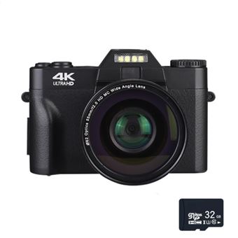 Câmara Digital Brightake 4K, Câmara Vlogging 48 MP, Foco Automático, Anti-vibração, Ecrã Rebatível a 180 Graus, Zoom Digital 16x, 32 GB, para Viagens, Fotografia, Preto