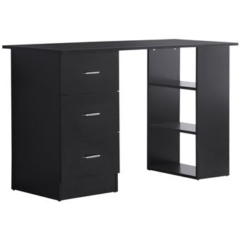 Secretária de computador móvel de escritório 3 gavetas deslizantes + 3 prateleiras tampo grande 120L x 49W x 72A cm MDF preto