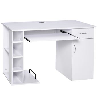 Secretária de computador multimédia com várias arrumações, prateleira, gaveta, tabuleiro de teclado, MDF, 120 x 60 x 74 cm, branco