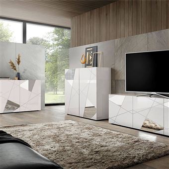 Conjunto de Sala de Estar Acabamento Branco Lacado com Serigrafias e Espelhos - ORIANA - ALTOBUY
