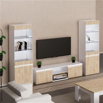 Conjunto de Sala Móvel de TV Lacado Branco Brilhante e com Aspeto de Madeira - CHRIS OAK - ALTOBUY
