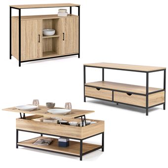 Conjunto de móveis de sala, aparador, mesa de centro elevatória e móvel de TV DETROIT design industrial