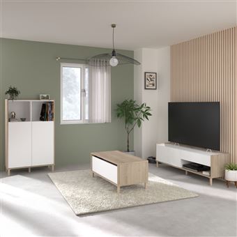 Conjunto de sala ALTOBUY ORPHÉE - Mesa de centro, móvel de TV e móvel de arrumação de 2 portas - Branco e aspeto madeira clara