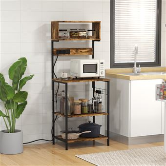 Prateleira de cozinha com régua de energia e 2 carregadores USB - 2 prateleiras, tabuleiro, nicho, 5 ganchos - aço preto aspeto madeira envelhecida