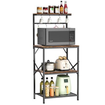 Estante de Pé,OMOZUN,Estante de Armazenamento Multifuncional para Cozinha,Suporte para Micro-ondas + Canto de Café, 8 Ganchos,Castanho
