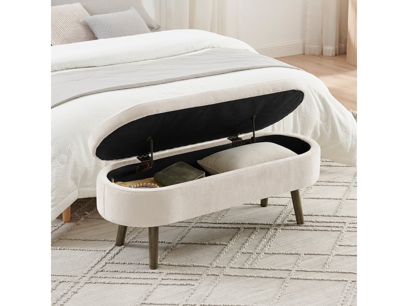 Banco de arrumação 110x40x42cm com baú de 20 l, pés em madeira, móvel de quarto, para quarto, sala, tecido chenille bege