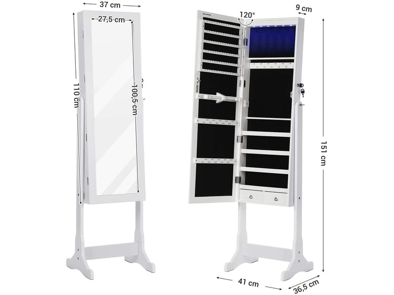 Armário de joias móvel quarto led interior 151 cm mdf branco 12_0000170
