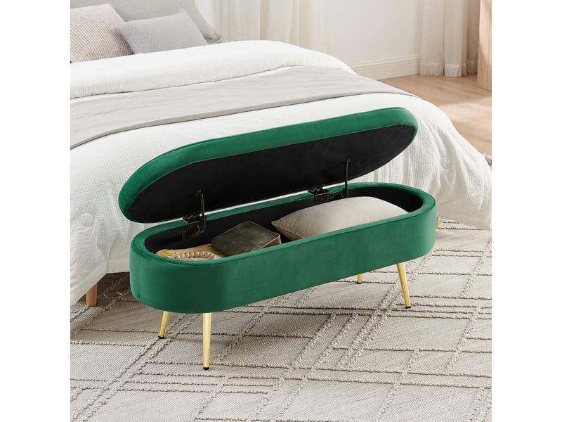 Banco de arrumação 110x40x42 cm, baú 20 l, pés de madeira, móvel de quarto, para quarto, sala de estar, veludo, verde-escuro