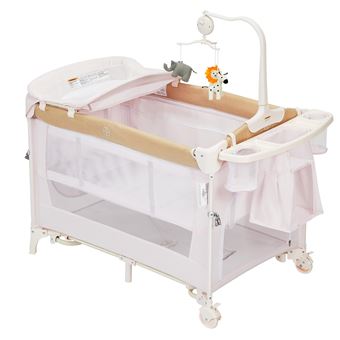 Cama de Viagem 5 em 1 - Colchão, Berço, Trocador, Brinquedos Musicais, Rodas, Arrumação - Bege