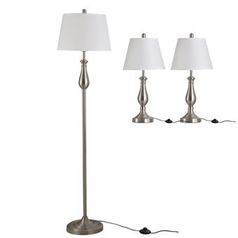 Lote de 3 candeeiros de design contemporâneo - candeeiro de pé + 2 candeeiros de mesa - metal inox escovado abajur branco