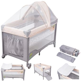 Moby System Cama de Viagem Guarda-chuva HUXLEY para bebé 0-36 Meses, Parque com muda fraldas, Mosquiteiro, Toldo, Rodas, Cinzento