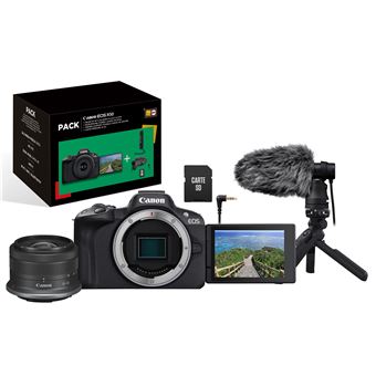 Pack Fnac Máquina Fotográfica Híbrida Canon EOS R50 Preta + RF-S 18-45mm f/4.5-6.3 IS STM + Microfone + Tripé + Controlo Remoto + Cartão SD + Carregador