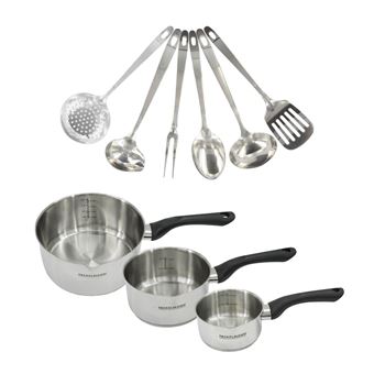 Conjunto de 3 tachos de 12, 16 e 20 cm em inox e 6 utensílios de inox Fackelmann Geneva