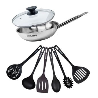 Conjunto de 1 frigideira de 28 cm em aço inoxidável, 1 tampa de vidro e 6 utensílios Fackelmann Eterna