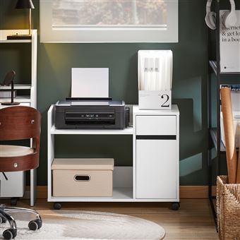 SoBuy Móvel de Apoio para Impressora com Rodas, Gaveta e Porta, Escritório Compacto, Branco