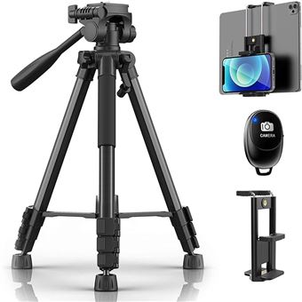 Tripé para Máquina Fotográfica de 1,47 m para Telemóvel/Câmara de 5 kg, Rotação 360°, com Controlo Remoto Bluetooth, Clip 2 em 1 Preto