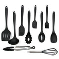 Utensílios de cozinha de silicone, conjunto de 10 peças: espátula, pincel, batedor, espátula, concha, virador com fenda, colher, pinça, garfo de massa, preto