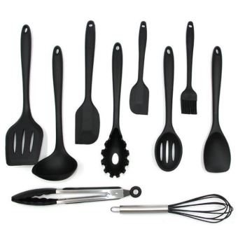 Utensílios de cozinha de silicone, conjunto de 10 peças: espátula, pincel, batedor, espátula, concha, virador com fenda, colher, pinça, garfo de massa, preto